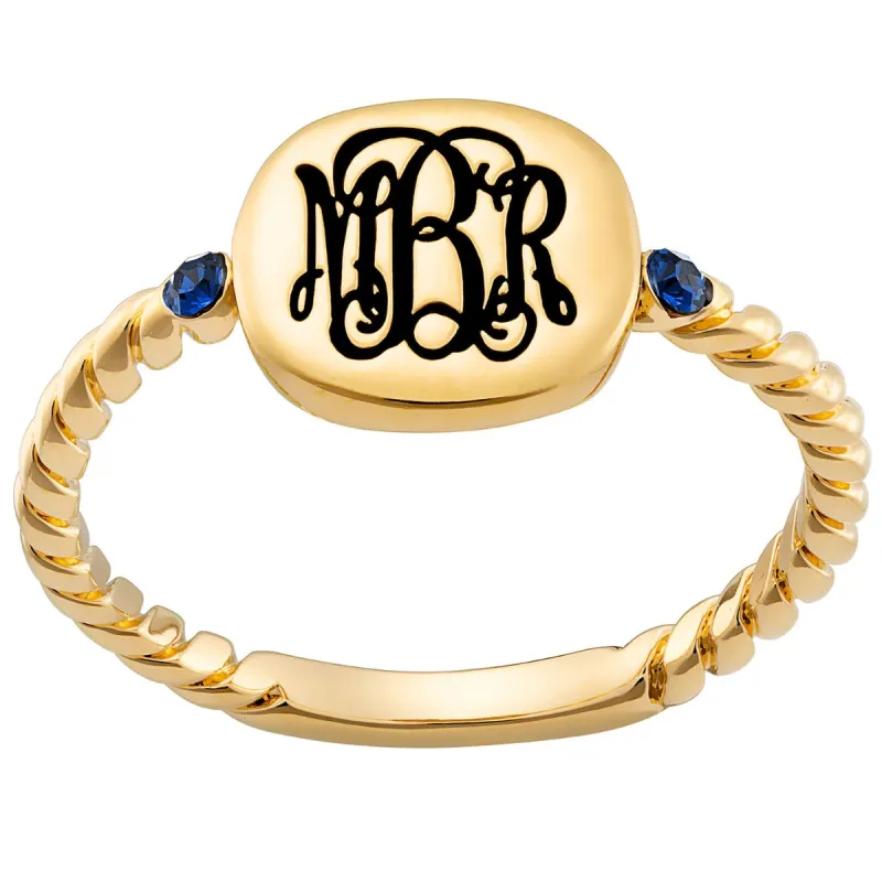 14K Gold Plated Petite Monogram Square with Birthstones Roped Band Ring sold by Limoges Jewelry