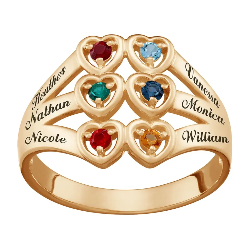 18K Gold over Sterling Family Birthstone Hearts Name Ring sold by Limoges Jewelry