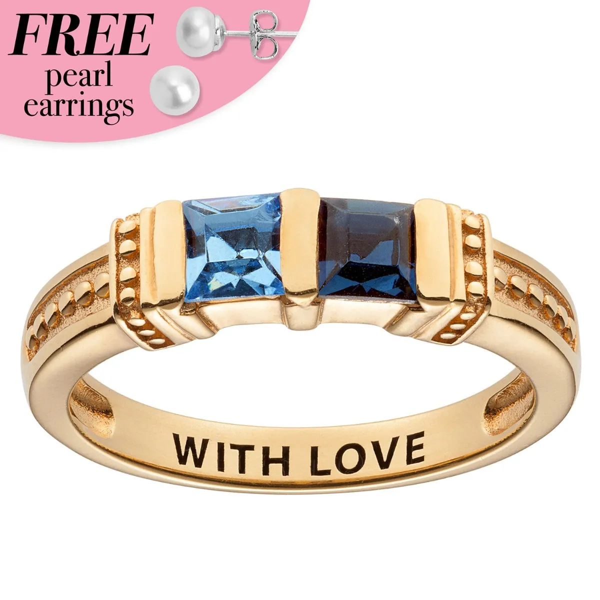 Personalized 14K Gold Plated Square Birthstone Ring - 2 Stones sold by Limoges Jewelry