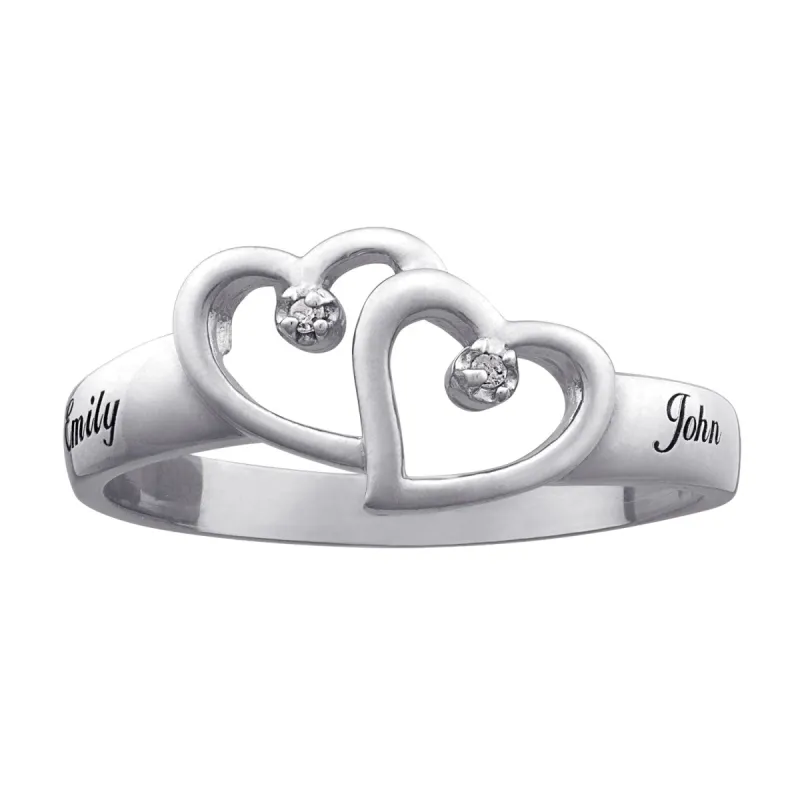 Platinum Plated Sterling Silver Diamond Set Couple's Name Ring sold by Limoges Jewelry