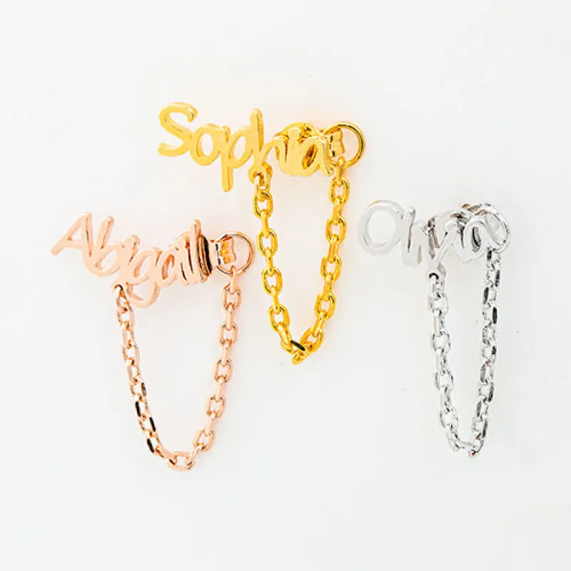 Sterling Silver Personalized Name Crawler Button with Chain Loop Earring sold by Limoges Jewelry