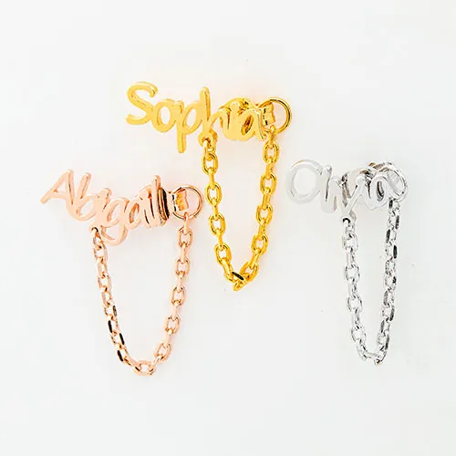 Sterling Silver Personalized Name Crawler Button with Chain Loop Earring sold by Limoges Jewelry