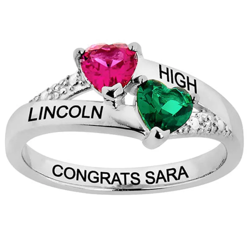 Sterling Silver Double Birthstone Heart Diamond Accent Class Ring sold by Limoges Jewelry