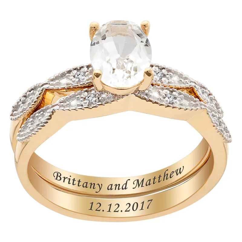 14K Gold over Sterling White Topaz Oval and Diamond Accent Wedding Ring Set made by Limoges Jewelry