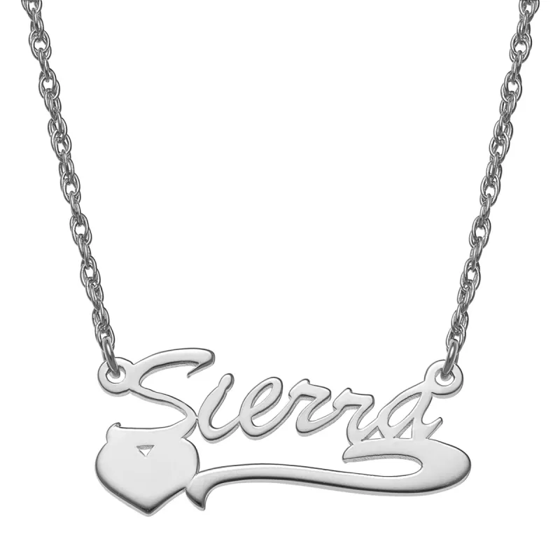 Sterling Silver Petite Script Name Necklace with Heart Tail sold by Limoges Jewelry