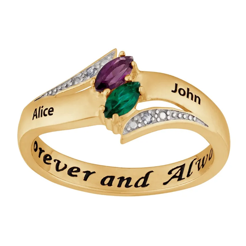 18K Gold over Sterling Couples Marquise Genuine Birthstone Name Ring with Diamond Accent sold by Limoges Jewelry