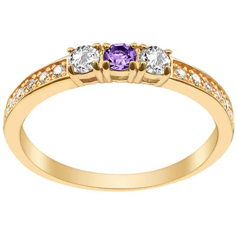 14K Gold Plated Simulated Amethyst and Clear Crystal 3-Stone Ring sold by Limoges Jewelry