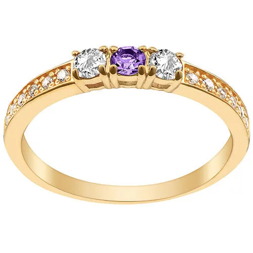 14K Gold Plated Simulated Amethyst and Clear Crystal 3-Stone Ring sold by Limoges Jewelry