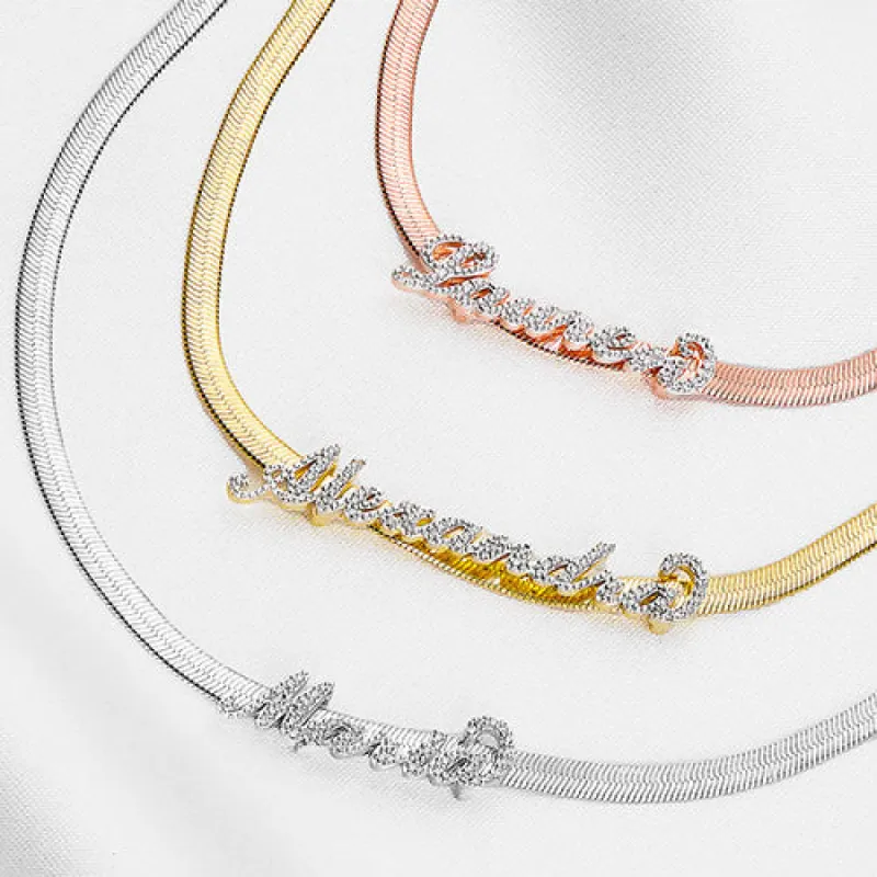 Pave CZ Name Slide Pendant Herringbone Chain Necklace sold by Limoges Jewelry