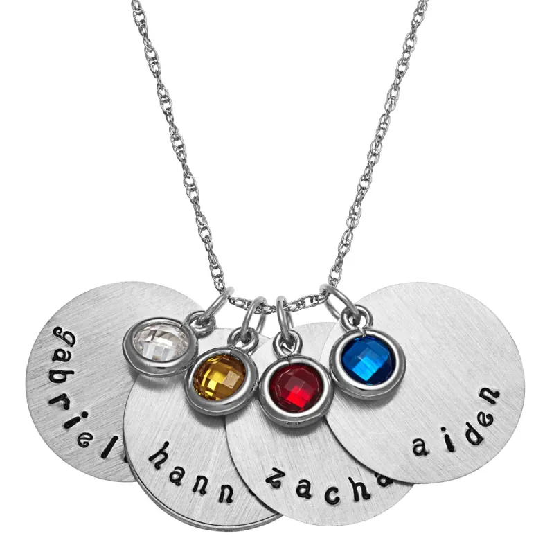 Sterling Silver Brushed Engraved Name and Birthstone 4 Disc Pendant sold by Limoges Jewelry