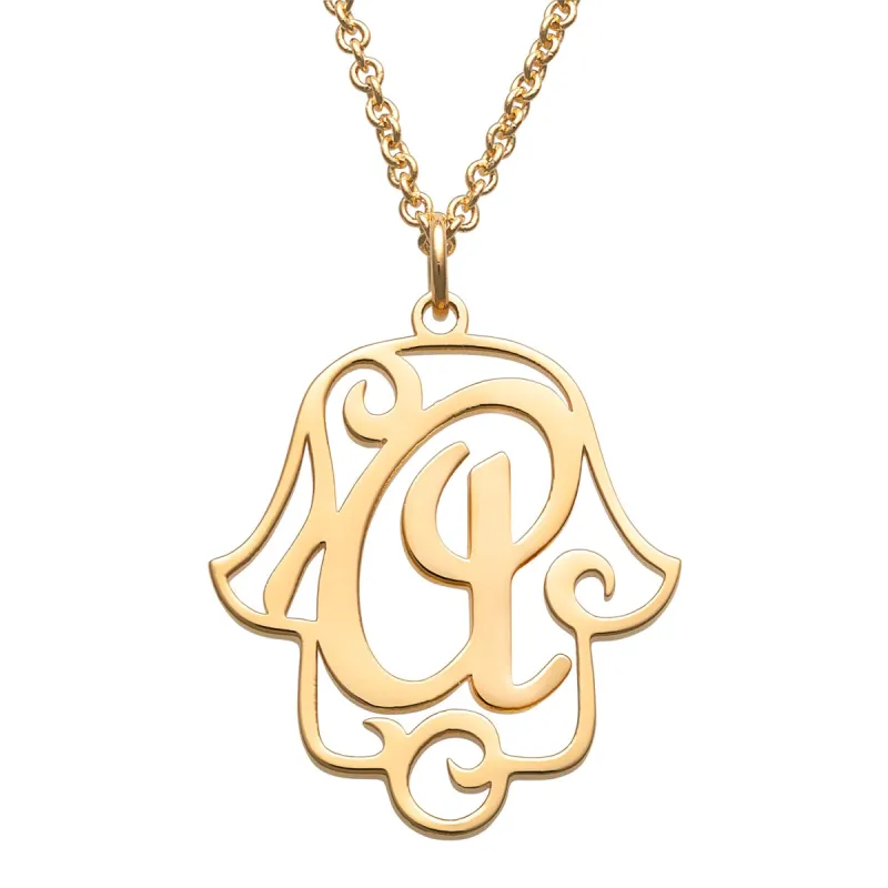 14K Gold over Sterling Filigree Initial Hamsa Hand Necklace sold by Limoges Jewelry