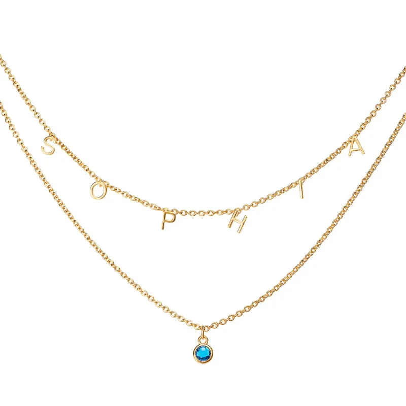 14K Gold over Sterling Birthstone and Dainty Letters Layered Name Necklaces sold by Limoges Jewelry