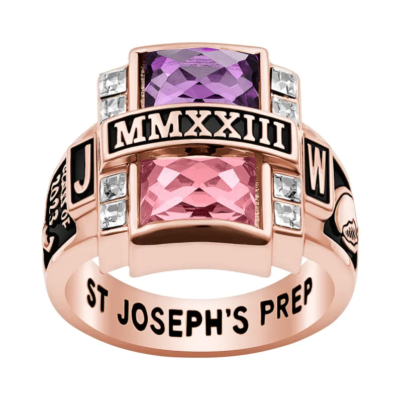 Men's 14K Rose Gold over Sterling Double Birthstone & CZ Rectangle Class Ring sold by Limoges Jewelry