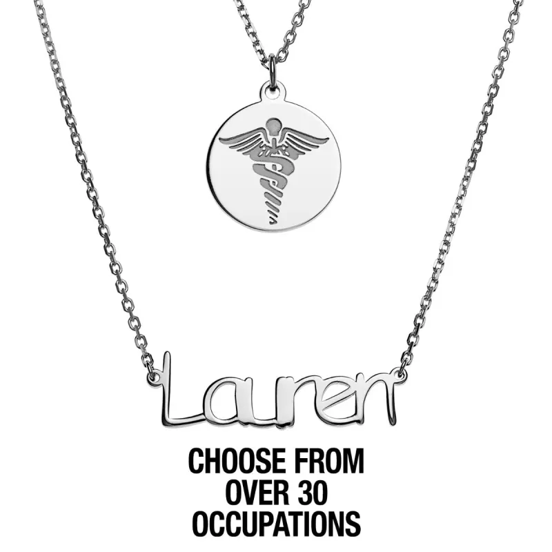 Silver Plated Double Layered Name and Occupation Necklace sold by Limoges Jewelry