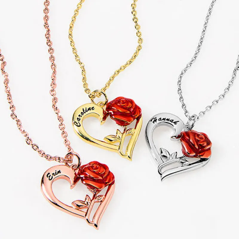Petite Engraved Heart with Red Enamel Rose Necklace sold by Limoges Jewelry