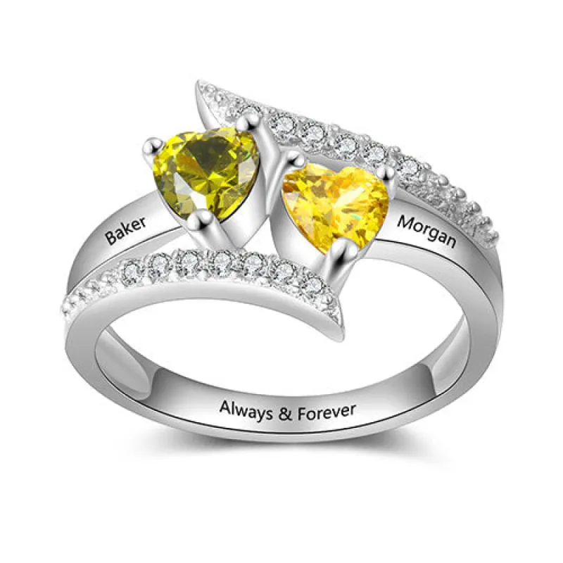 Sterling Silver Engraved Double Heart Birthstone Bypass Ring sold by Limoges Jewelry