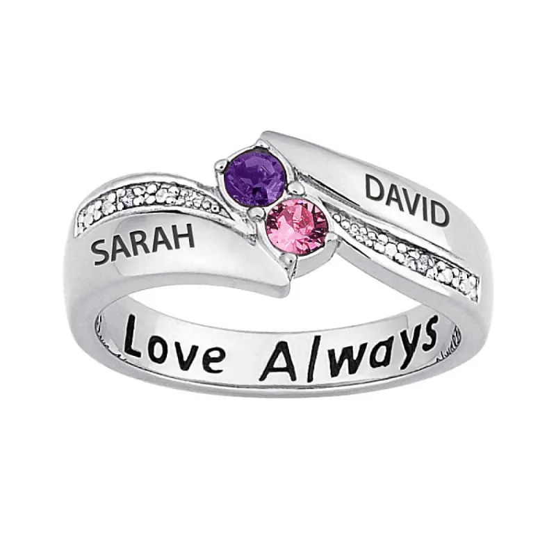 Sterling Silver Couples Love Always Birthstone & Name Diamond Ring sold by Limoges Jewelry