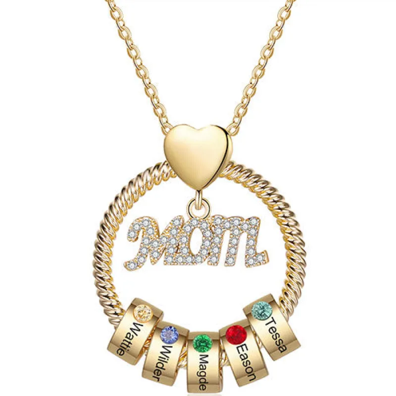 Gold Plated Mom Circle Pendant with Engraved Birthstone Charm sold by Limoges Jewelry