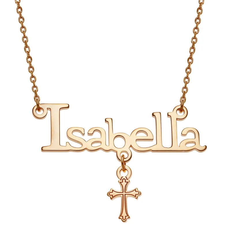 14K Gold over Sterling Name with Cross Charm Necklace sold by Limoges Jewelry