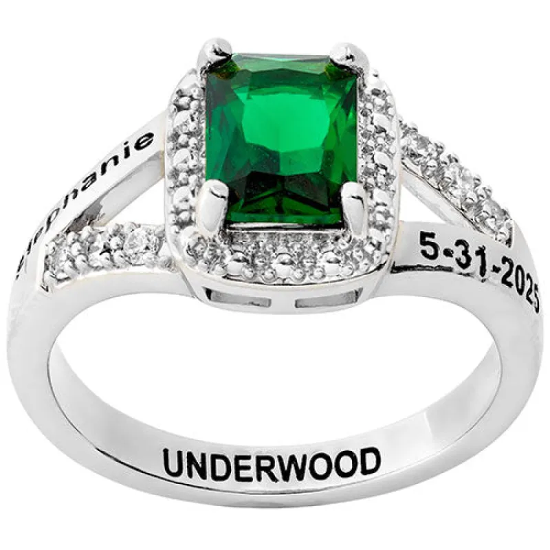 Ladies' Sterling Silver Emerald Cut Birthstone with CZ Class Ring sold by Limoges Jewelry