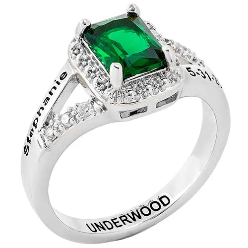 Ladies' Sterling Silver Emerald Cut Birthstone with CZ Freestyle Class Ring sold by Limoges Jewelry product image thumbnail 2