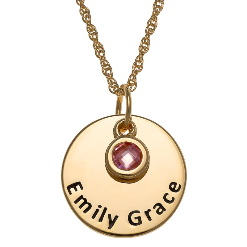 14K Gold over Sterling Engraved Name Disc with Birthstone Charm Necklace sold by Limoges Jewelry