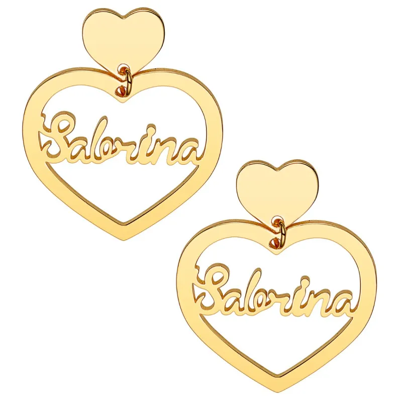 14K Gold Plated Script Name Double Heart Dangle Earrings sold by Limoges Jewelry