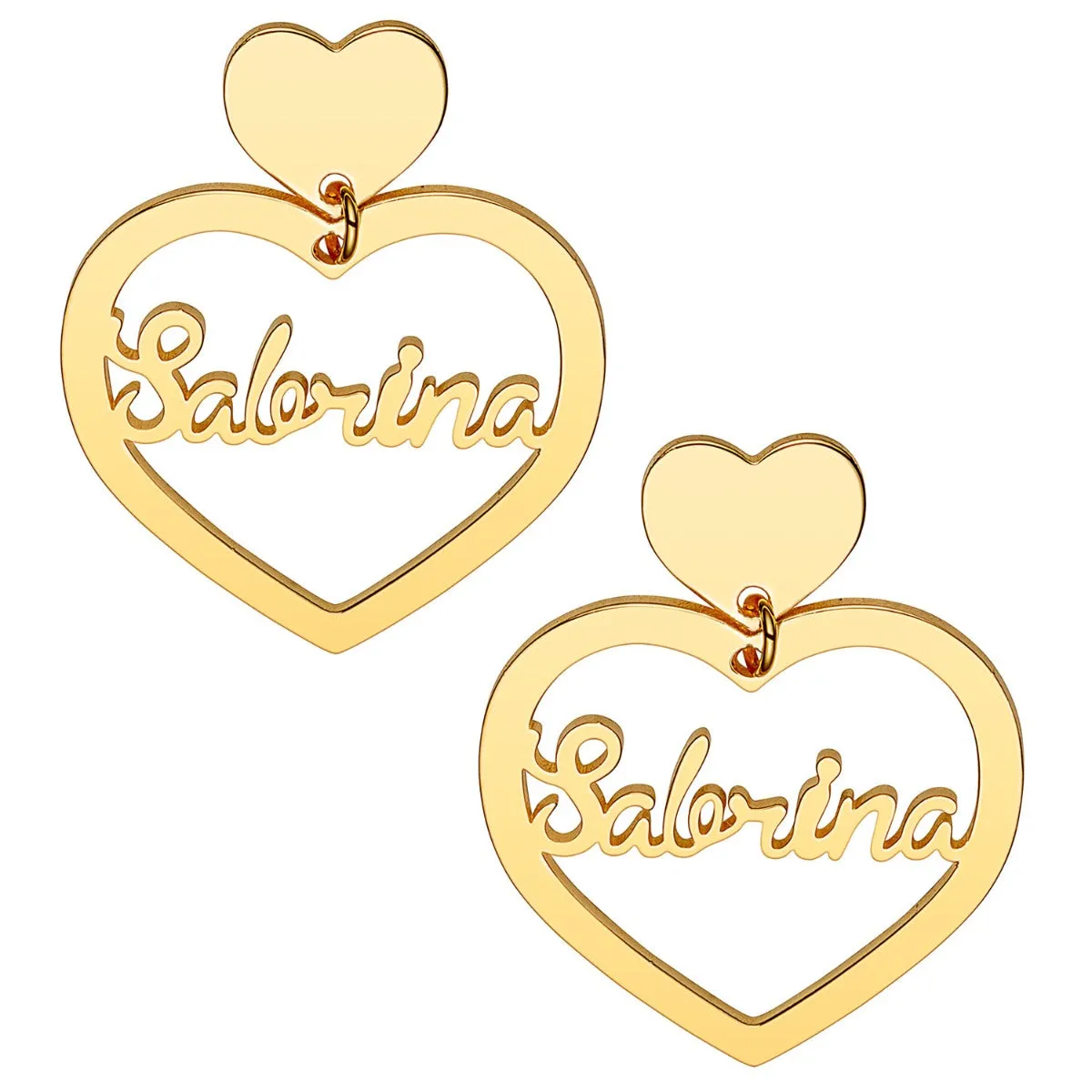 14K Gold Plated Script Name Double Heart Dangle Earrings sold by Limoges Jewelry