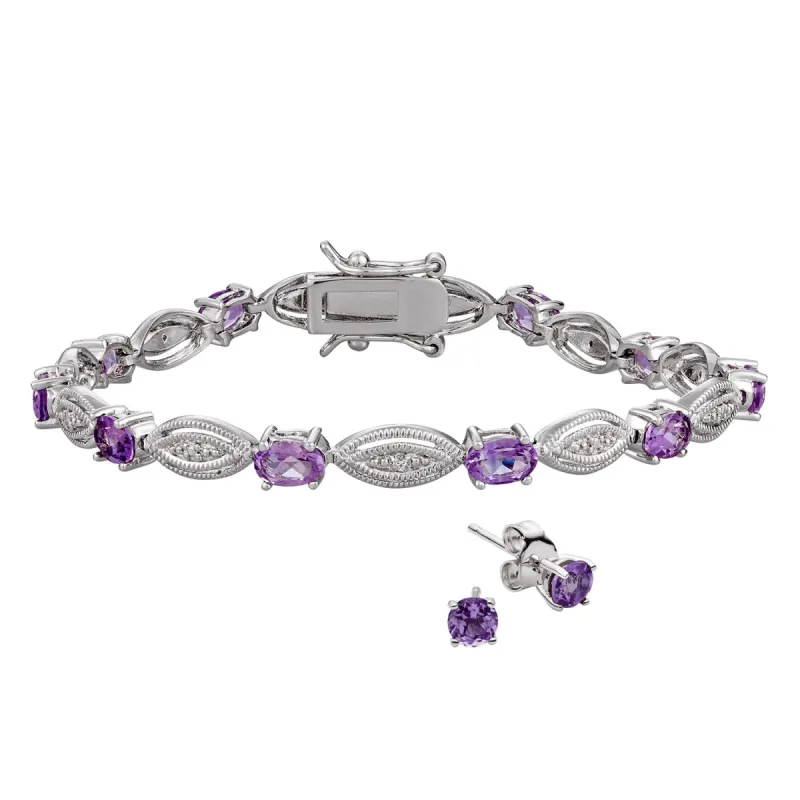 Genuine Amethyst and Diamond Accent 8in Bracelet and Earring Set sold by Limoges Jewelry
