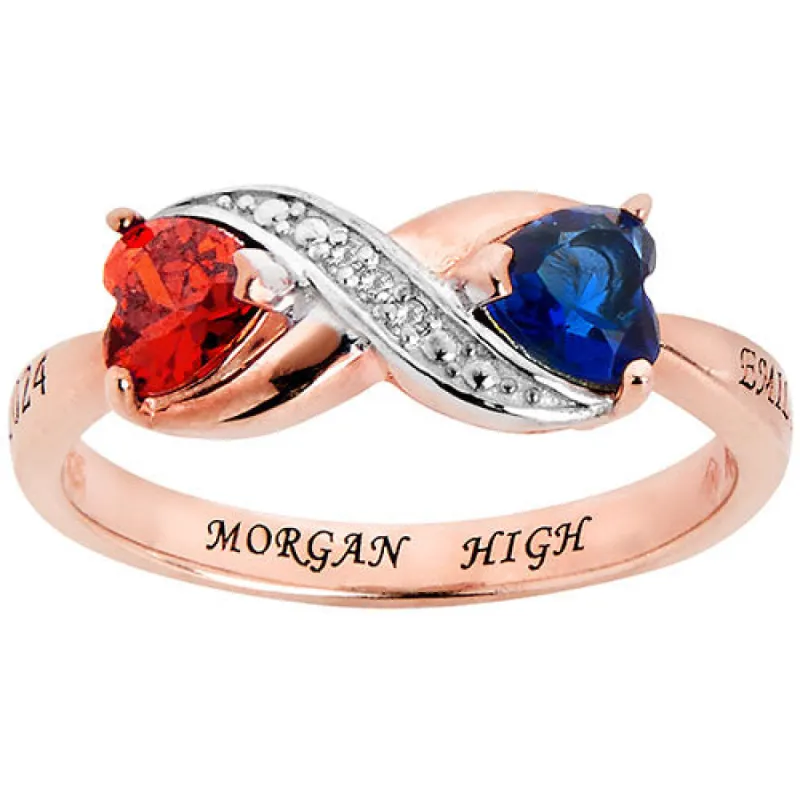 14K Rose Gold Plated Double Birthstone Heart Infinity Diamond Accent Class Ring sold by Limoges Jewelry