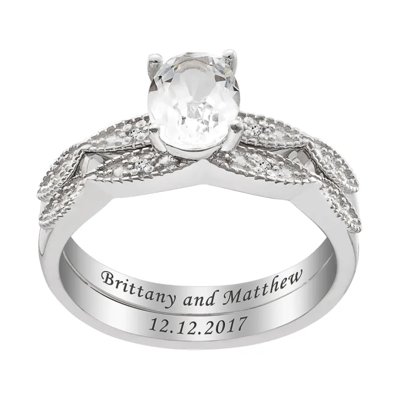 Sterling Silver White Topaz Oval and Diamond Accent Wedding Ring Set sold by Limoges Jewelry