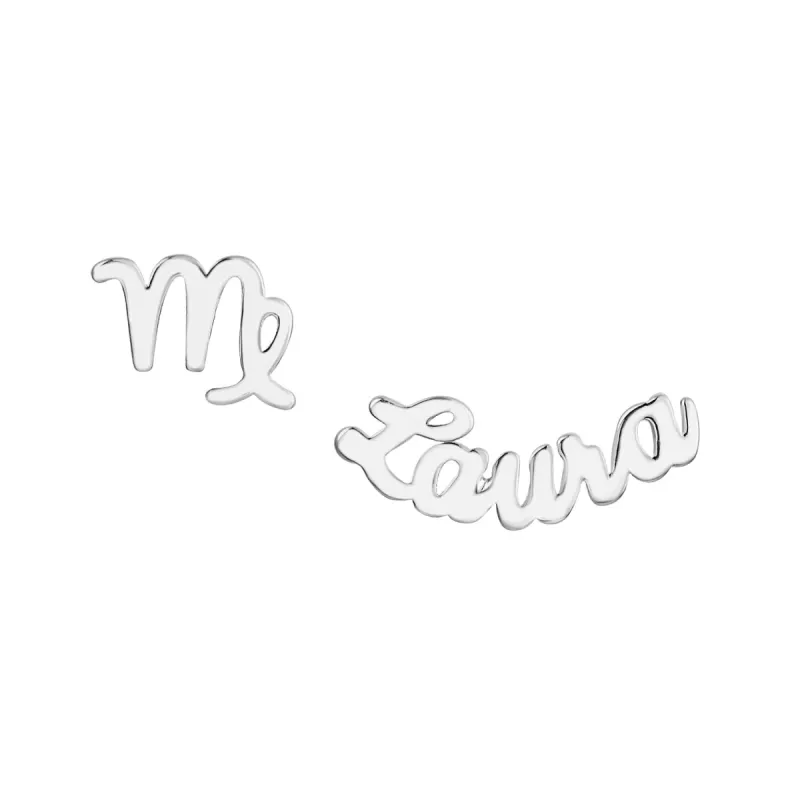 Sterling Silver Script Name and Zodiac Sign Mixed Pair Earrings sold by Limoges Jewelry