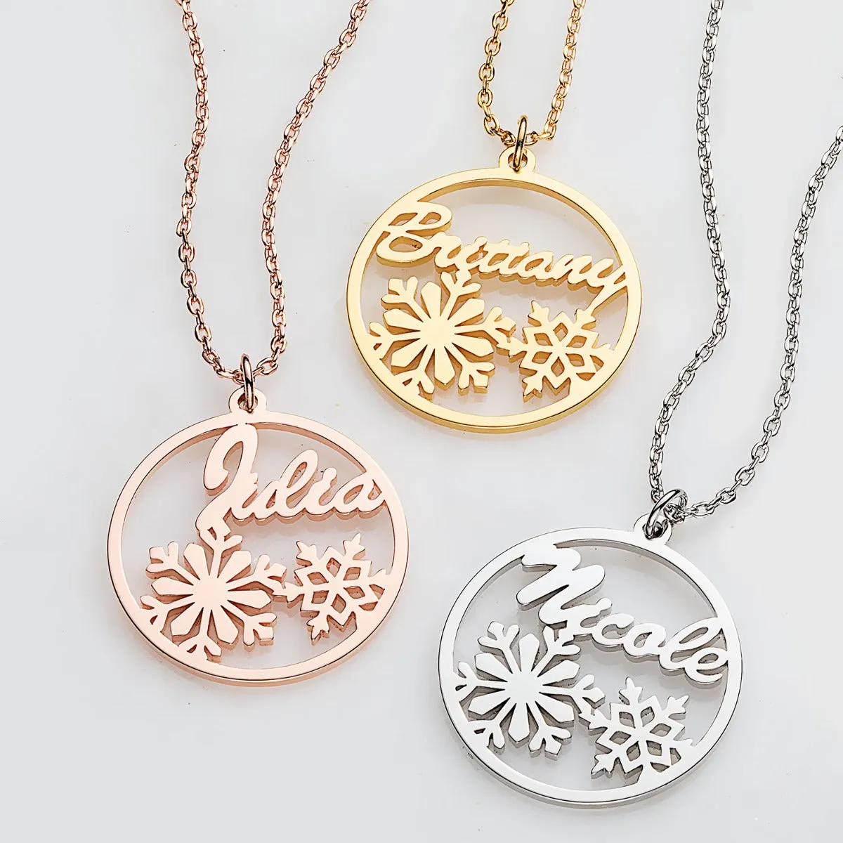 Snowflakes Script Name Disc Necklace sold by Limoges Jewelry