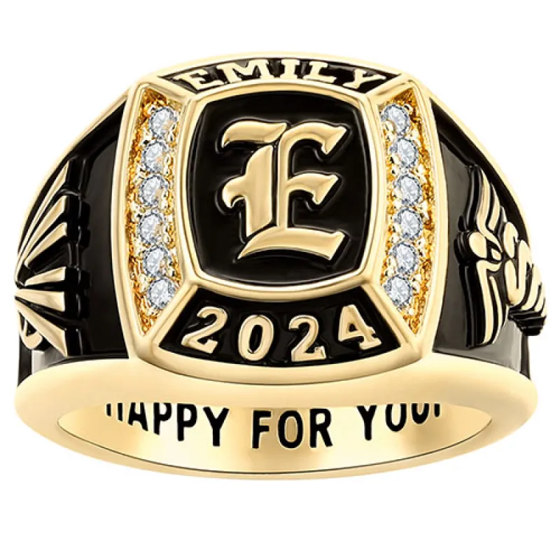 Women's 14K Gold Plated Initial Traditional CZ Square Birthstone Class Ring sold by Limoges Jewelry