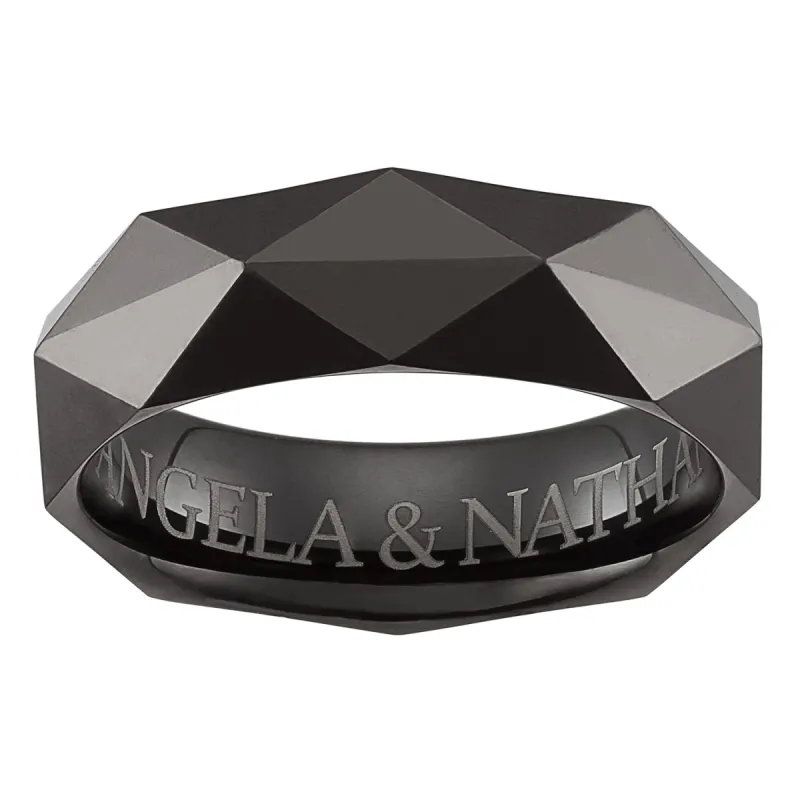 Men's Tungsten Black Faceted Engraved Band sold by Limoges Jewelry