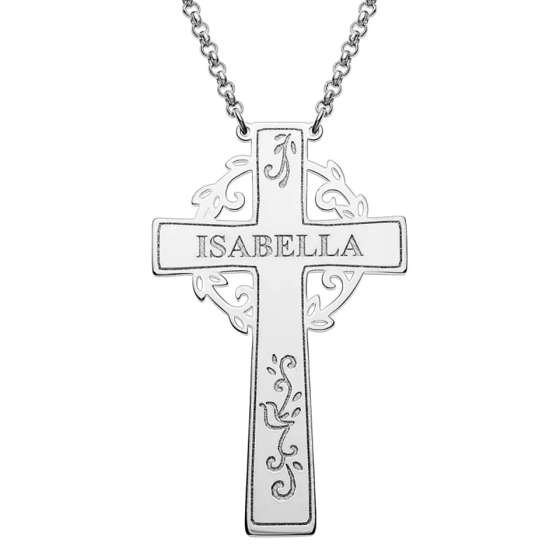 Silver Plated Engraved Name Cross with Vines Necklace sold by Limoges Jewelry