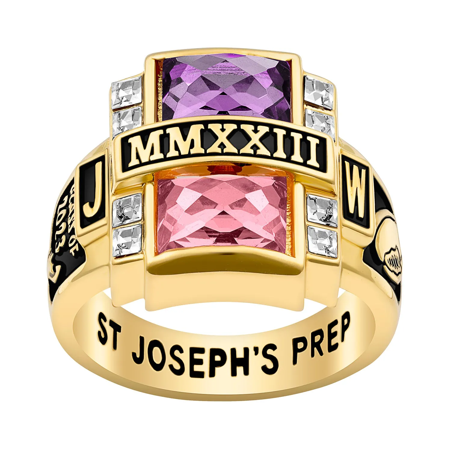 Men's 14K Gold over Sterling Double Birthstone & CZ Rectangle Class Ring sold by Limoges Jewelry