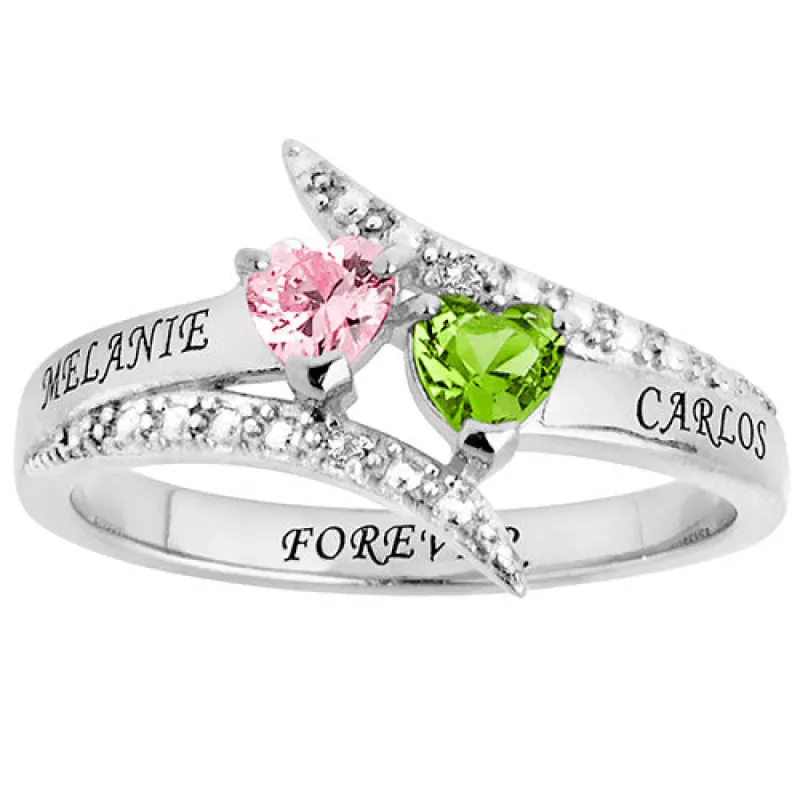 Silver Plated Couple's Heart Birthstone Bypass Diamond Accent Ring sold by Limoges Jewelry