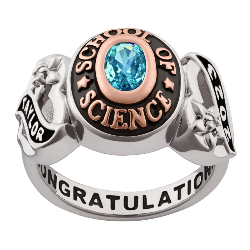 Ladies' Silver Celebrium and Rose Gold Sweetheart Birthstone Class Ring sold by Limoges Jewelry