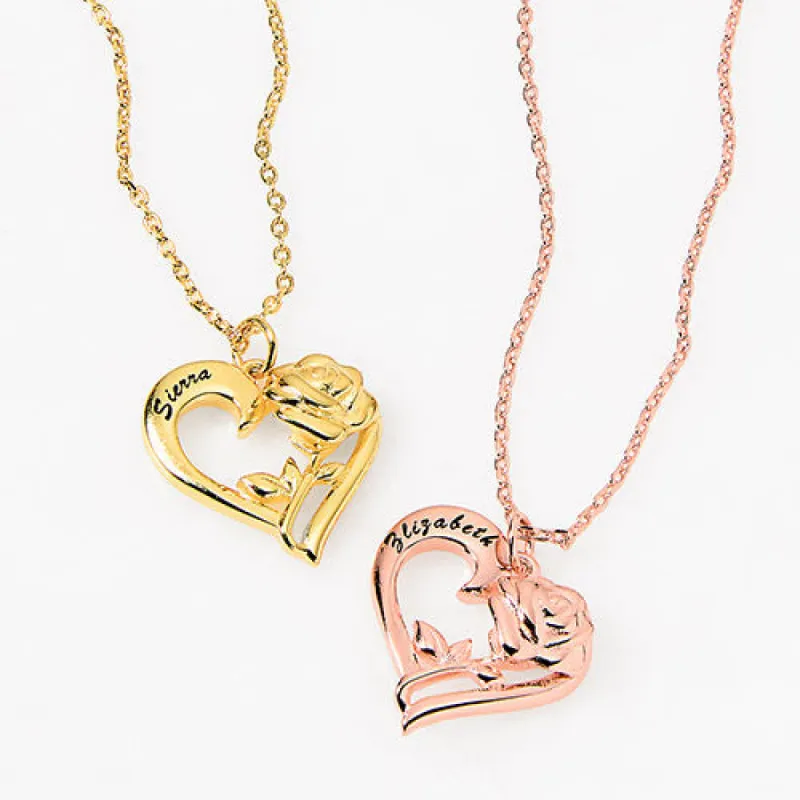 Petite Engraved Heart with Rose Necklace sold by Limoges Jewelry