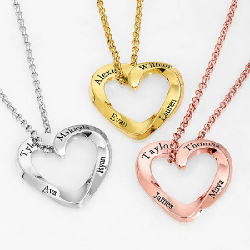 Sterling Silver Engraved Family Name Twisted Heart Necklace sold by Limoges Jewelry