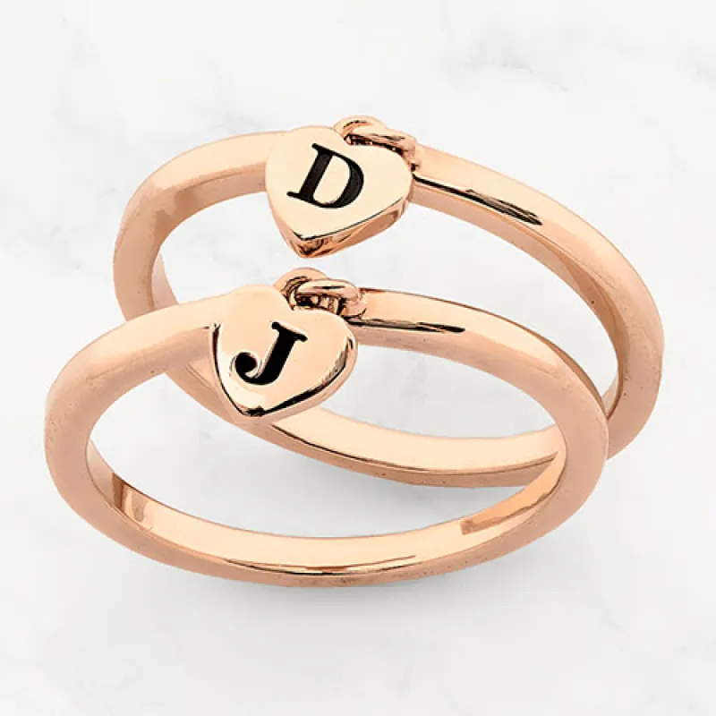 14K Rose Gold Plated Stackable Initial Heart Charm Ring - Set of 2 sold by Limoges Jewelry