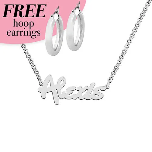 Sterling Silver Bold Script Name with Free Hoop Earrings sold by Limoges Jewelry