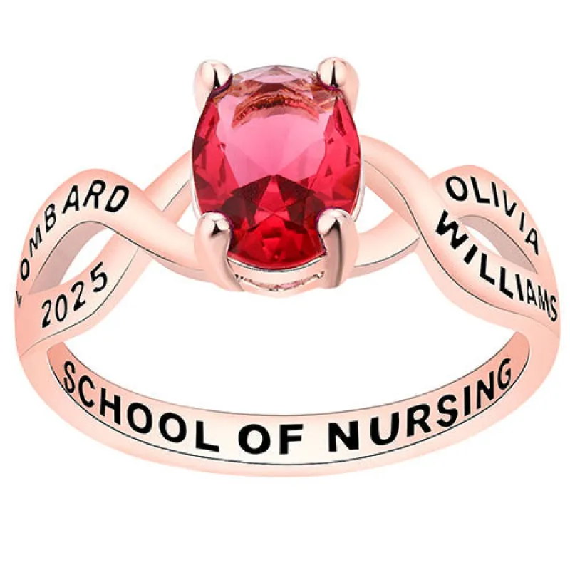 Women's Rose Gold over Sterling Oval Birthstone Infinity Class Ring made by Limoges Jewelry