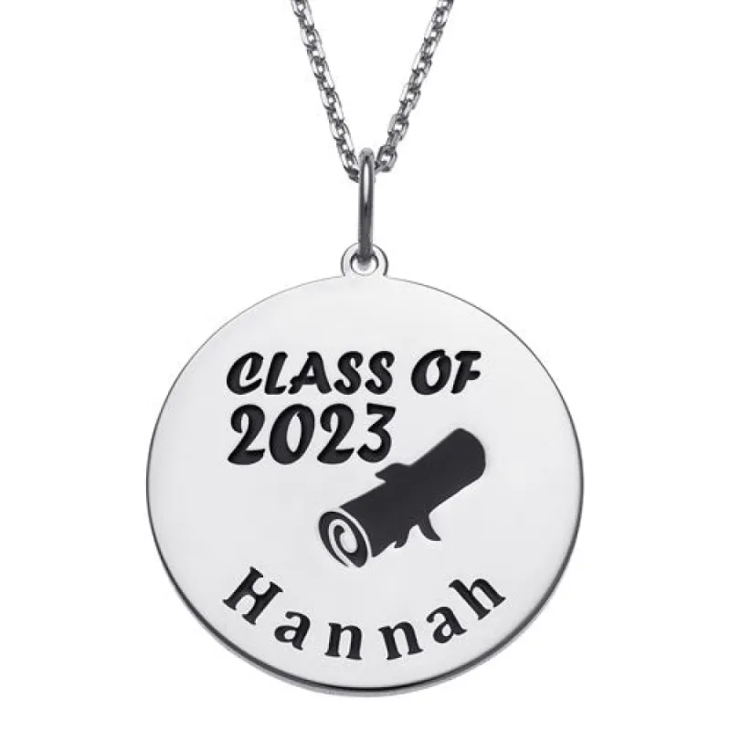 Sterling Silver Engraved Name Class of Disc with Diploma Necklace sold by Limoges Jewelry