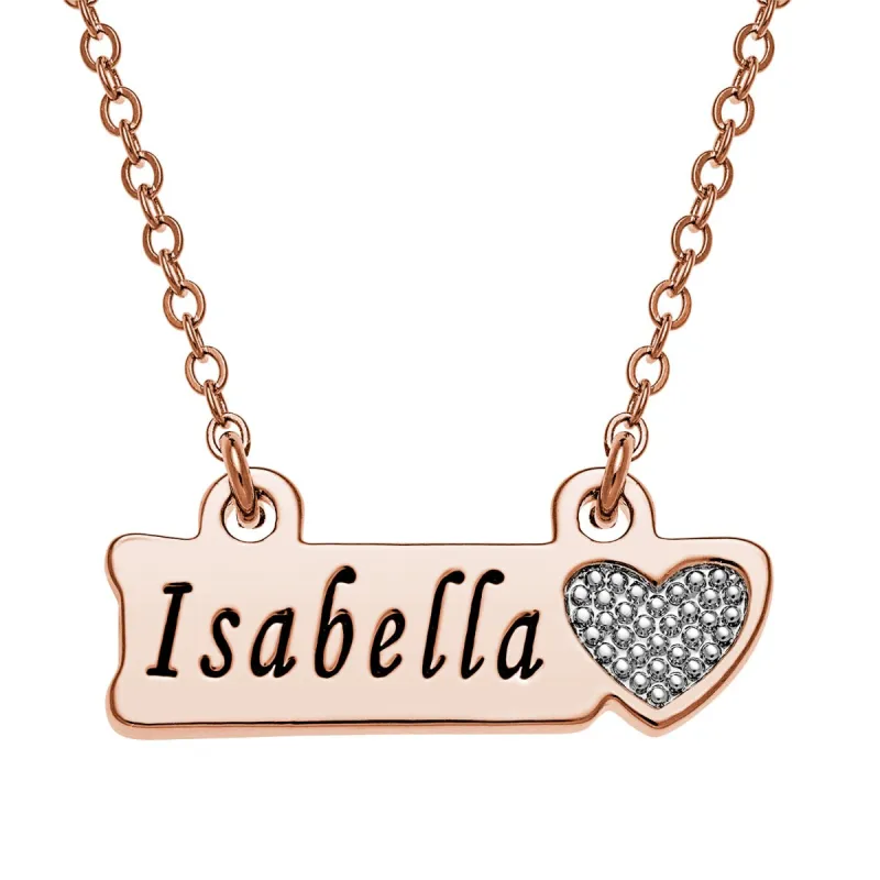 Two Tone Engraved Name with Heart Plaque Necklace sold by Limoges Jewelry