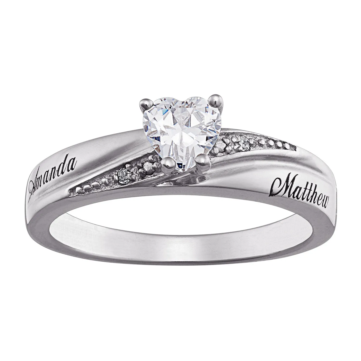 Sterling Silver Heart Cut C.Z. with Diamond Engravable Ring sold by Limoges Jewelry