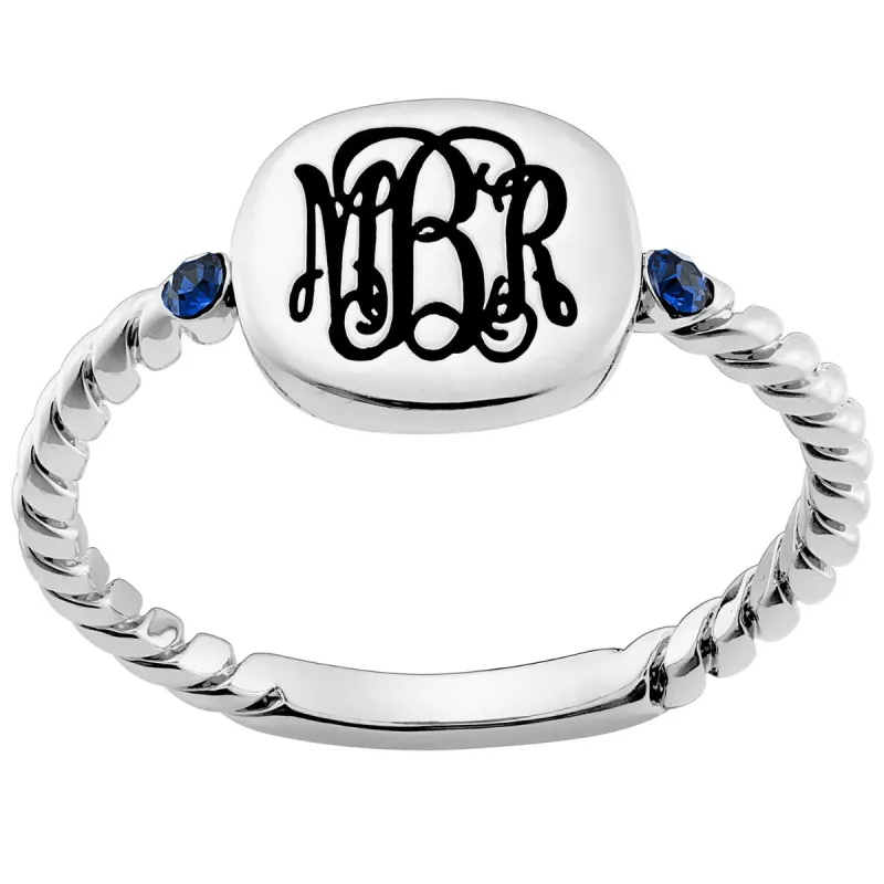Silver Plated Petite Monogram Square with Birthstones Roped Band Ring sold by Limoges Jewelry