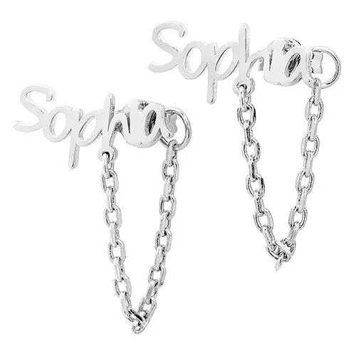 Silver Plated Personalized Name Crawler Button with Chain Loop Earring sold by Limoges Jewelry product image thumbnail 2
