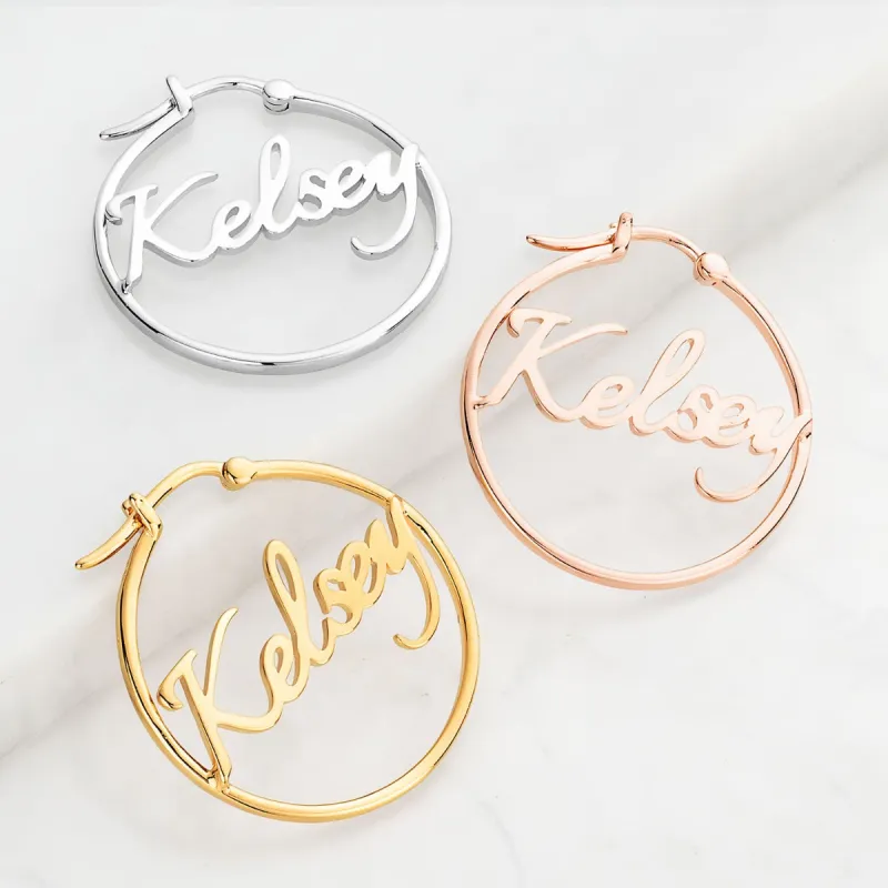 Personalized Script Name Medium Hoop Earrings sold by Limoges Jewelry